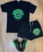 Clockwork Black and lime Logo Men's Athletic Long Shorts