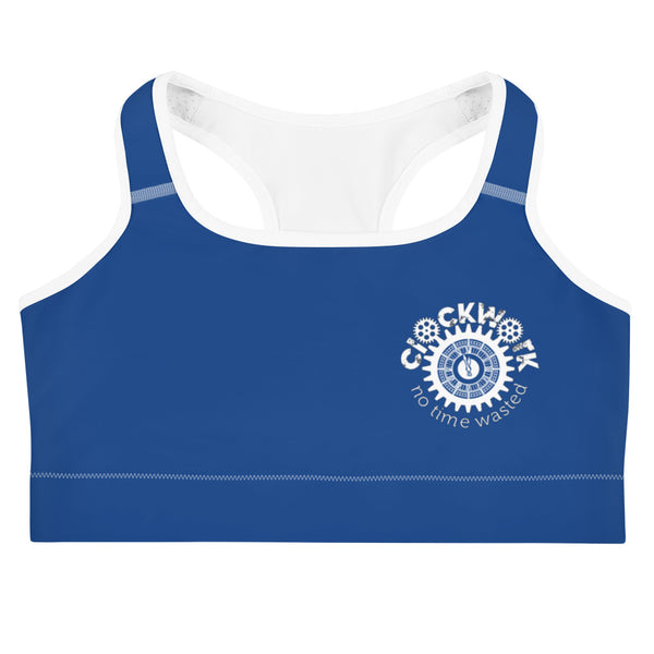 Clockwork Blue and White Logo Sports bra