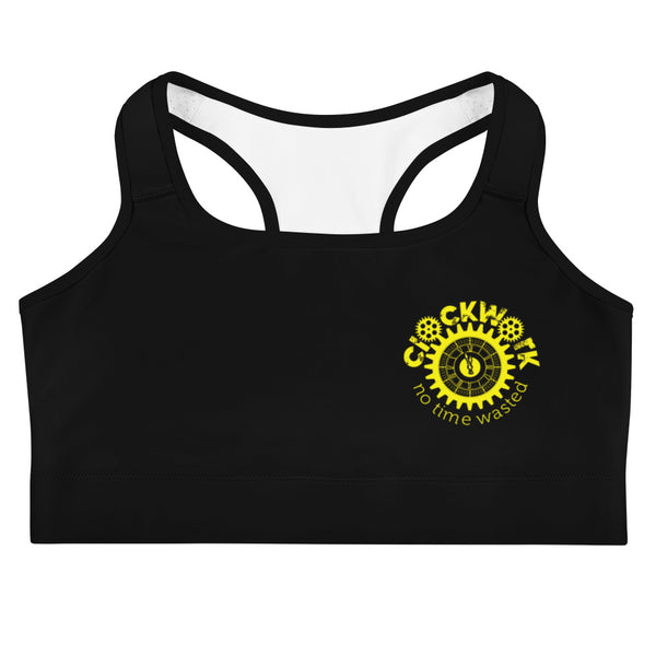 Clockwork Black and Yellow Logo Sports bra